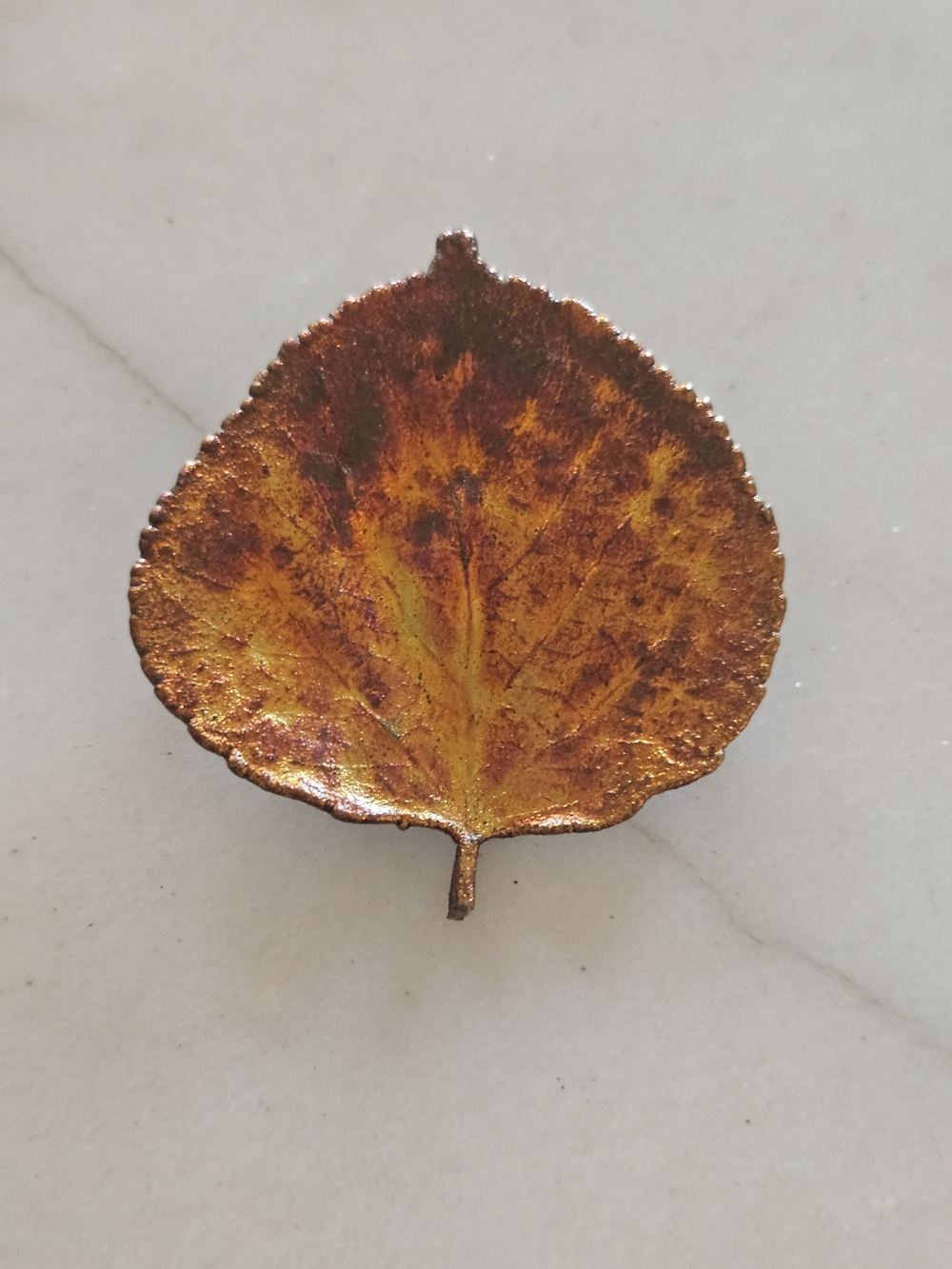 Vtg Copper Plated Real Quaking Aspen Leaf Brooch Pin Flame Patina Boho Fall